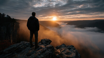Man standing on rocky cliff watching sunrise over foggy valley with dramatic clouds and warm light