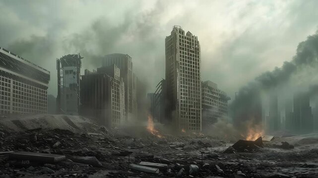 Post apocalyptic cityscape with destruction, ruins, smoke, fire, devastation, and rubble under cloudy sky creating dramatic eerie atmosphere