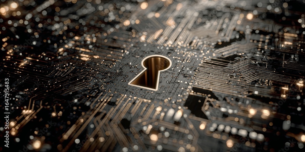 Poster abstract technology illustration featuring a digital circuit board with a keyhole symbol representin