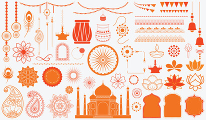 Indian Festival Decorations and Festive Elements Collection, Indian Cultural Ornament Vector Set