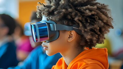 Young person wearing virtual reality headset exploring immersive digital technology with focused expression and curiosity in vibrant environment - Powered by Adobe
