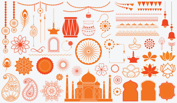 Indian Festival Decorations and Festive Elements Collection, Indian Cultural Ornament Vector Set