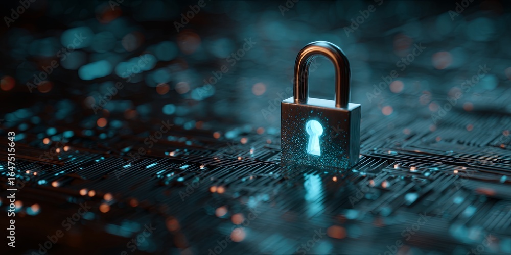 Poster abstract digital technology art with lock symbol representing cybersecurity concepts and data protec