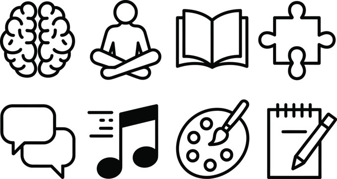 Creative Process Icons Set Brain, Meditation, Book, Puzzle, Art, Music, Note
