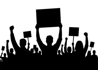 A black-and-white silhouette of a protesting crowd, with people holding up signs and fists in the air, symbolizing social unrest and activism.
