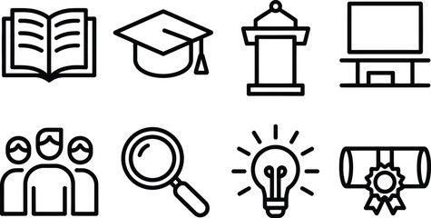 Fototapeta premium Education Line Icons Set with Book, Mortarboard, Podium, Screen and Diploma in White