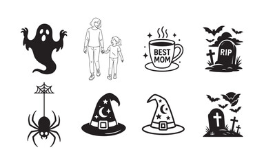 Halloween Icons Collection Ghost Witch Hat Spider Tombstone and More