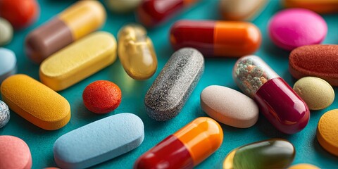 Colorful assortment of various medicine tablets and capsules on a turquoise background highlighting pharmaceutical products