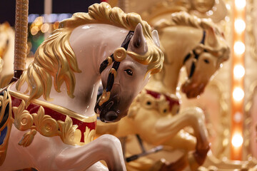 Carved horses on a vintage carousel illuminated by colorful lights at a festive fair in the evening...