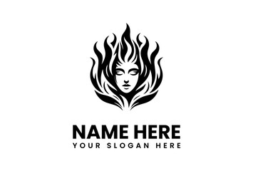 Stylized Womans Face Surrounded by Flamelike Hair in Black Silhouette.