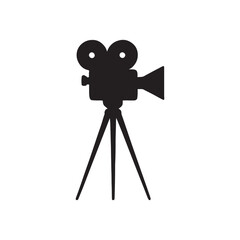 Retro Movie Camera Silhouette with Tripod Stand Isolated on White Background Film Industry.