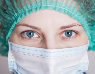 Female healthcare worker in protective mask and green surgical cap, focused blue eyes