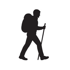 Silhouette of a hiker with backpack and walking stick on white background.
