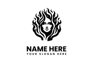 Stylized Womans Face with Flowing Hair Resembling Flames in Black Silhouette.