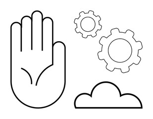 Open palm gesture alongside gears and a cloud, symbolizing teamwork, technology, innovation, and connectivity. Ideal for digital solutions, cooperation, technology, creativity problem-solving