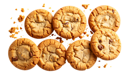 Delicious chocolate chip cookies breaking apart with crumbs scattered isolated on transparent background