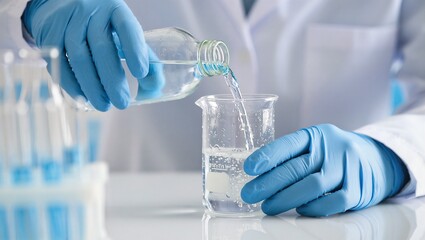 Fototapeta premium Hands in blue gloves carefully pour clear liquid from a bottle into a beaker in a laboratory setting, emphasizing precision and scientific procedure.