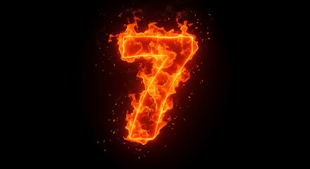 Fiery Number Seven in Flames with Bright Orange and Red Colors on Black Background