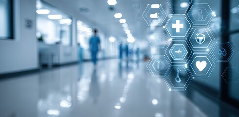 Blurred hospital hallway with medical icons overlaid