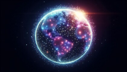 Fototapeta premium Global Network Connections and Digital Transformation Represented by a Glowing Earth Illustration Connecting Continents and Shining a Light on Technological Advancement for the Future