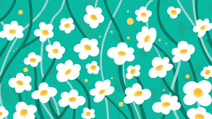 Illustration of white daisy flowers with yellow centers and green stems on a teal background design