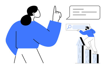Woman pointing direction as man stands on rising graphs, analyzing search input. Ideal for teamwork, leadership, data analysis, guidance, growth, innovation decision-making. Minimal and simple flat