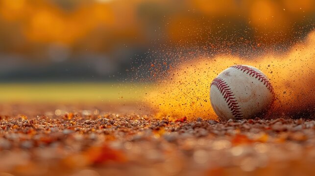 Baseball in motion, dust cloud erupts. Autumnal sunlight bathes the field