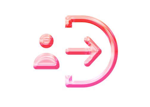 Glossy 3D logout icon with a vibrant glassmorphism effect - Y2K inspired jelly exit symbol with an arrow in pink