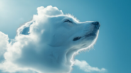 white dog on blue sky
