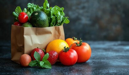 Fresh vegetables and fruits in brown kraft paper bag on dark background, healthy eating and organic diet concept with natural produce for nutrition and wellness