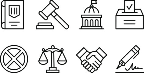 Obraz premium Law and Justice Outline Icon Set with Gavel, Scales, Handshake on Transparent Background