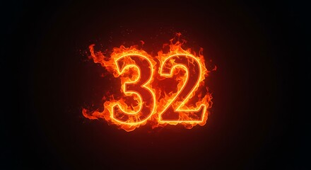 Number Thirty-two Burning Fire Flames Bright Red Orange Hot Effect
