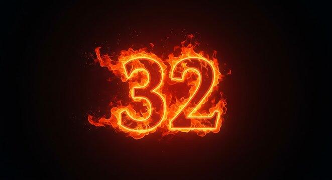 Number Thirty-two Burning Fire Flames Bright Red Orange Hot Effect