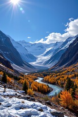 Majestic Mountain Landscape with River and Autumn Foliage View