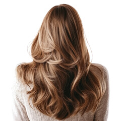 Naklejka premium A woman with long, wavy, light brown hair, wearing a white sweater, standing against a transparent background