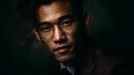 Obraz premium Contemplative Asian man in formal suit and glasses