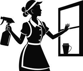 Housekeeper silhouette with mop and bucket, ready to clean