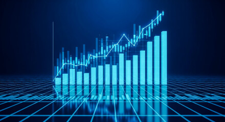 A futuristic digital visualization displays a vibrant blue bar chart with an ascending line graph superimposed The data shows a strong positive trend reflecting growth and success