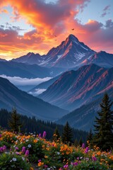 Majestic Mountain Range Under Vibrant Sunset with Colorful Flowers