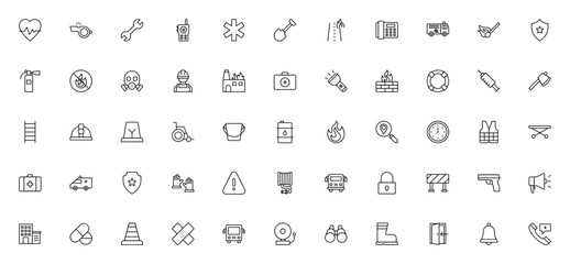 Emergency icon set. Vector first aid & safety symbols. Includes heart beat, fire truck, ambulance, shield, extinguisher, gas mask, siren, hard hat, life jacket and more. Editable line art.