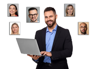 Recruiter with laptop looking for employee against white background. Photos of candidates around...