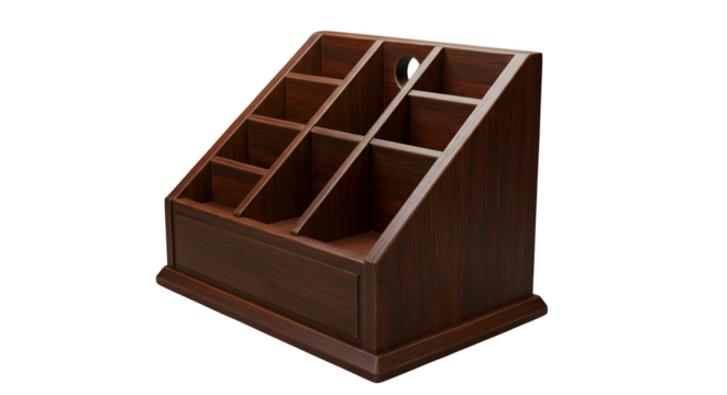 Brown Wood Desk Organizer shines. Rich textures and smooth surface is ideal for product staging and office supply display.