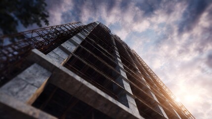 Fototapeta premium Steel framework of a skyscraper under construction with dramatic morning light