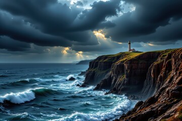 Dramatic Lighthouse on Rocky Coast under Dark Stormy Skies