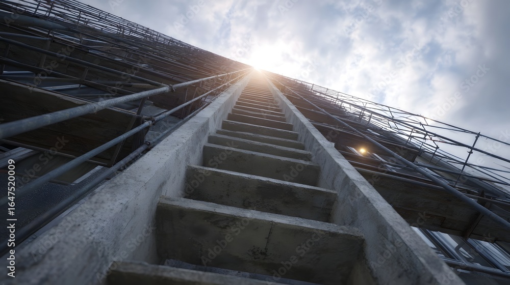 Poster scaffolding surrounding an unfinished building with construction zone lighting