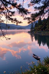 Serene Sunset Over Calm Lake with Boat and Pine Trees Reflections