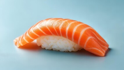 Salmon sushi on a light blue surface
