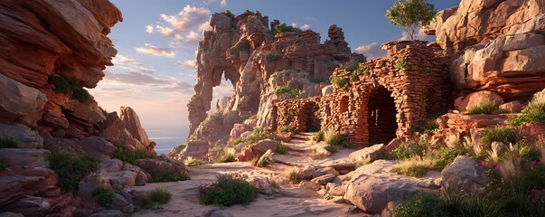 Luminous neural interface hovering in sandstone ruins lit by twilight rays