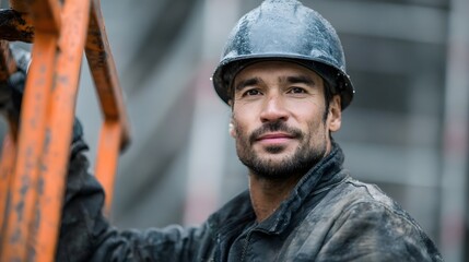 Worker operating construction lift with lighting and sharp focus