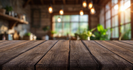 Rustic wooden table in a warm, inviting kitchen with natural light and greenery during the afternoon